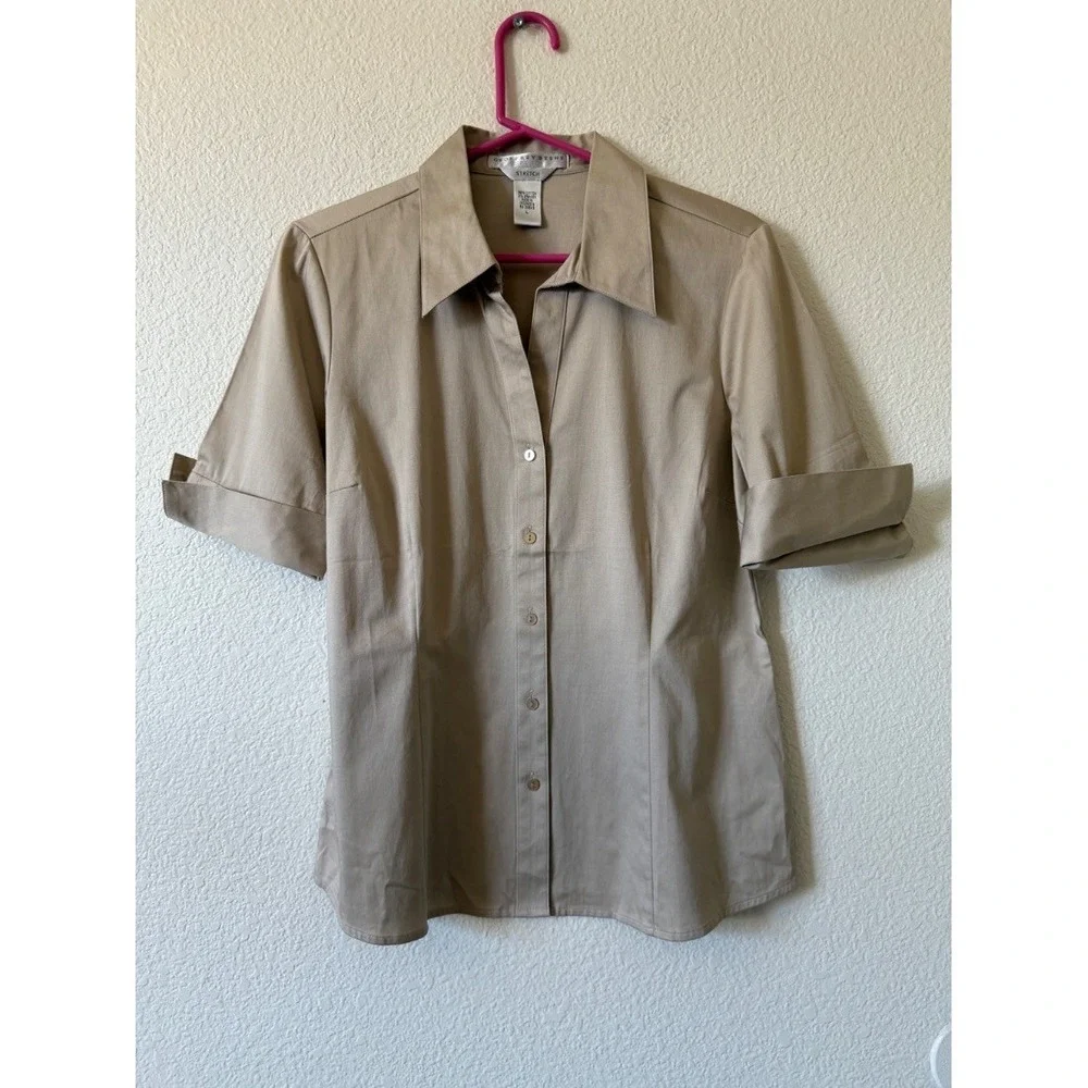 Geoffrey Beene Sport Womens Stretch Button Down Shirt Blouse Khaki Tan Size L
